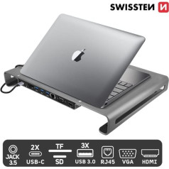 Swissten Многофункциональный Док USB-C станция для портативного компьютера / HDMI / USB 3.0 / 2x USB-C / RJ45 / SD / Micro SD / VGA / Audio / Серый