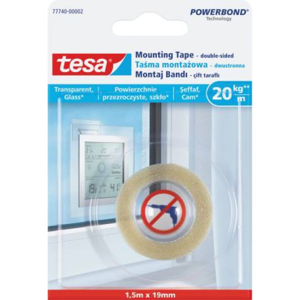 Mounting tape 1.5m:19mm transp blister