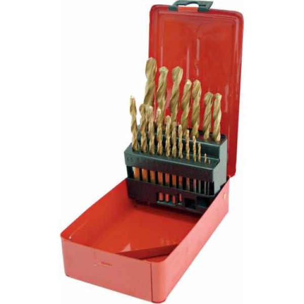 Mega 19pc hss twist drill set ( 1-10mm by 0,5mm) titanium coated metal box painted gray.