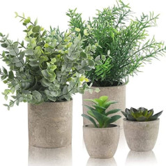 ALAGIRLS Iepakojumā 4 mākslīgie augi, mini mākslīgie augi Eikalipta rozmarīna sulīgi augi ar podiņu rakstāmgaldu virtuve vannas istabas dārza dekorēšana