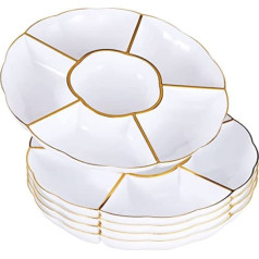 HAAGO MATANA 5 White Snack Plates with Gold Rim and 6 Compartments, Dip Snack Bowls (31 cm) - Picnic & Parties - Elegant, Solid & Reusable