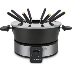 Cloer 6679 Fondue for 8 People, Coated Aluminium Pot with Splash Guard, 8 Colour-Coded Forks 1.5 Litres, 1000 W, Silver, Black