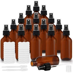 BELLE VOUS Amber Glass Spray Bottles with Atomiser (Pack of 16) 2 Pipettes & Labels Included - 60ml - Empty Brown Glass Spray Bottle - For Essential Oils, Cleaning & Aromatherapy