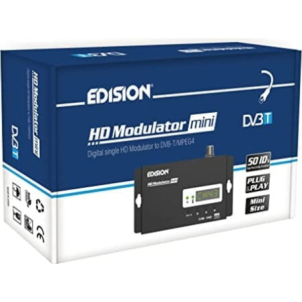 EDISION HDMI modulators Mini, viens HDMI uz DVB-T MPEG4 RF modulators, Full HD izplatīšana, izmantojot koaksiālo, Plug and Play, USB pirmskonfigurācijas funkcija 50ID, ātra konfigurācija, mini izmērs