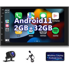 Android 11 Car Radio 2GB + 32GB Wireless Carplay Android Car Double DIN radio ar Navi 7 collu skārienekrānu GPS navigācija Bluetooth WiFi FM RDS multivides uztvērējs atpakaļgaitas kameras ISO adaptera kabelis