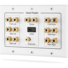 Fosmon [3 Gang 7.1 Surround Sound] Mājas kinozāles sienas paneļi ar apzeltītu vara banānu savienojuma veida sienas plāksne 7 skaļruņiem un 1 RCA ligzda zemfrekvences skaļrunim un 1 HDMI ports (balts)