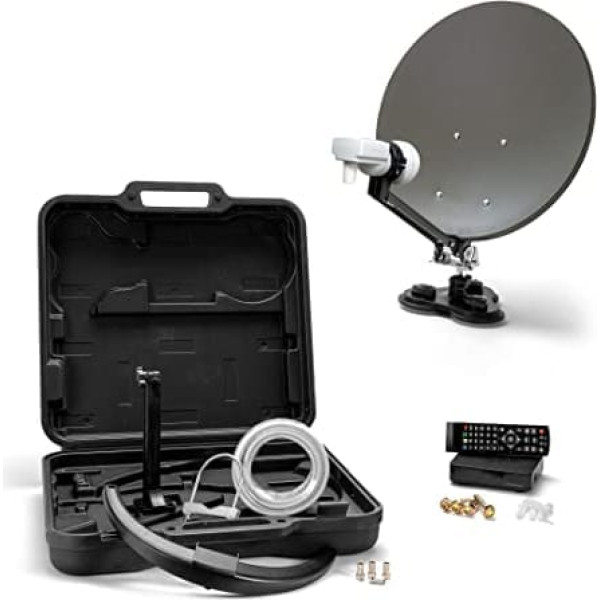 Xoro MCA 38 HD komplekts 38,5 cm kempinga satelīta antena ar FullHD DVB-S2 uztvērēju, viens LNB ar integrētu satelītu meklētāju un 10 m antenas kabeli cietā korpusā, pelēks