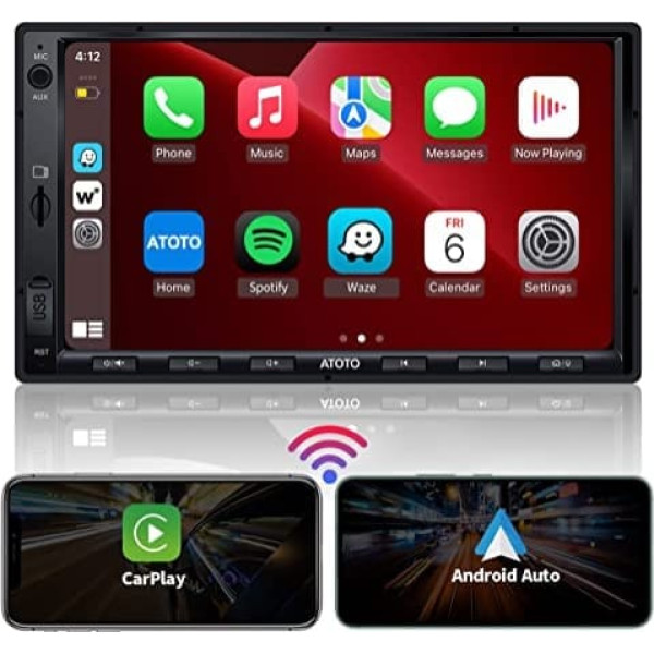 ATOTO F7 WE 7 collu digitālo multivides uztvērējs, dubultā DIN radio ar ekrānu, bezvadu CarPlay un bezvadu Android automašīna, spoguļsaite, HD LRV, FM/AM/GPS Nav, ātrā uzlāde, F7G2A7WE