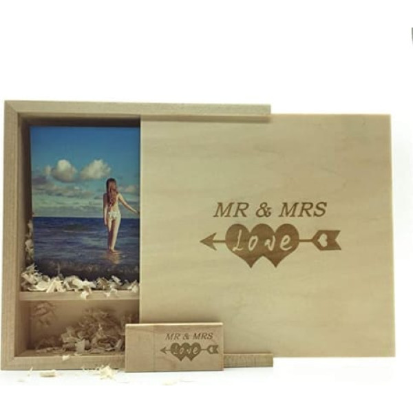 LXSINO 32 GB Wooden USB Stick with Laser Engraving Mr & Mrs Design - 32 GB Wooden USB 2.0 Flash Memory Stick with Photography Wooden Box (170 x 170 x 35 mm) for Bride, Groom, Lover