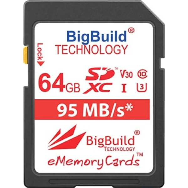 BigBuild Technology 64GB UHS-I U3 95MB/s atmiņas karte Panasonic Lumix DMC FT30, FT30EF A, FT30EF D, FT30EF K, FZ1000, FZ2000, FZ2500, FZ300, FZ72, FZ2EBK, FZ2EBK, Kamera