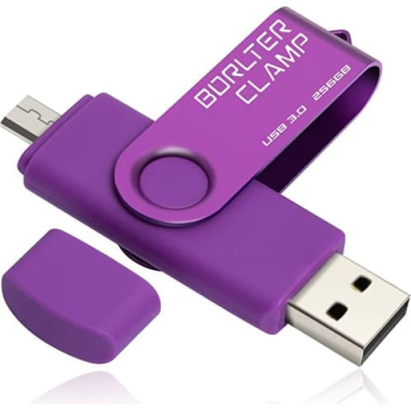 BorlterClamp 256 GB USB zibatmiņas karte 2 vienā Dual Port USB 3.0 Memory Stick OTG zibatmiņas disks mikro USB savienojumam Android viedtālruņiem planšetdatoriem un datoriem (violeta)