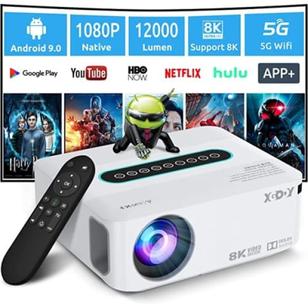 4K atbalsta pārraidītājs ar 5G WiFi un Bluetooth, XGODY X1 12000L Native 1080P HD Eingebaute Android OS projektors YouTube Netflix vorinstallieren, 8000+ lietotnes, Dolby Sound viedais pārnēsājamais signāls ar Tasche