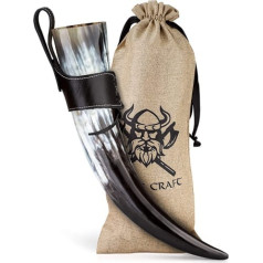 Viking Craft® Viking Drinking Horn, apm. 450 ml – Autentisks 3-daļīgs ragu komplekts vikingu medus vīnam ar jostas turētāju – Methorn Viking Decoration, LARP viduslaiku alus tvertne, medus medus