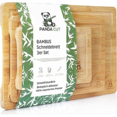 Panda Cut griešanas dēļu komplekts no 3 bambusa koka ar sulas rievu, izturīgs pret griešanu un antibakteriāls, ilgtspējīgi griešanas dēļi, izmēri 38 x 25 / 30 x 20,5 / 23 x 15 cm