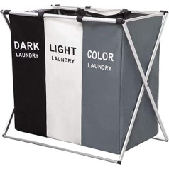 UHAPEER Laundry Basket 3 Compartments Large Foldable Dirty Basket Waterproof Laundry Hamper Space Clothes Classification Light/Dark/Dyed (68 x 38 x 60 cm, 3 Compartments)