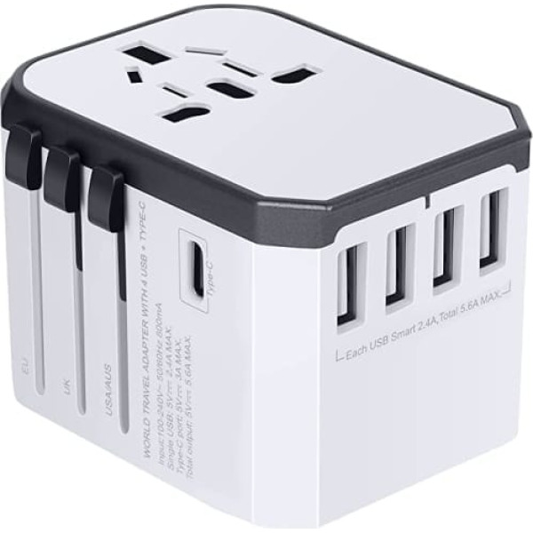 Travel Adapter Travel Plug Worldwide 224+ States 5,6A ātrās uzlādes universāls ceļojumu adapteris ar 4 USB pieslēgvietām + C tipa + maiņstrāvas ligzdas Starptautiskais strāvas adapteris ASV Vācijai Eiropai Apvienotajai Karalistei Taizeme Meksik