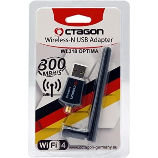 Octagon WL318 Optima WLAN 300 Mbit/s +2dBi Antenas USB 2.0 adapteris ar 2,4 GHz joslu, VU+, Gigablue, Protek un citi satelīta uztvērēji ar Linux E2 OS un datoru, melns