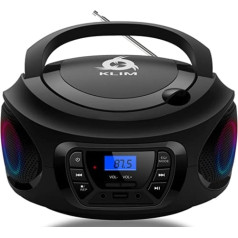 KLIM CD Boombox portatīvais CD atskaņotājs ar radio, uzlādējamu akumulatoru, FM radio, Bluetooth, MP3 un AUX. Aprīkots ar Super Bass neodīma skaļruņiem un [2022. gada versija] pašreizējo CD lāzera objektīvu.