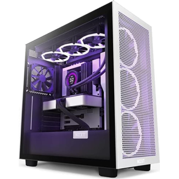 NZXT H7 Flow — CM-H71FG-01 — ATX Mid-Tower spēļu datora korpuss — Priekšējais USB-C ports — Tīkla priekšpuse un rūdīta stikla sānu panelis — gatavs ūdens dzesēšanai — melns/balts