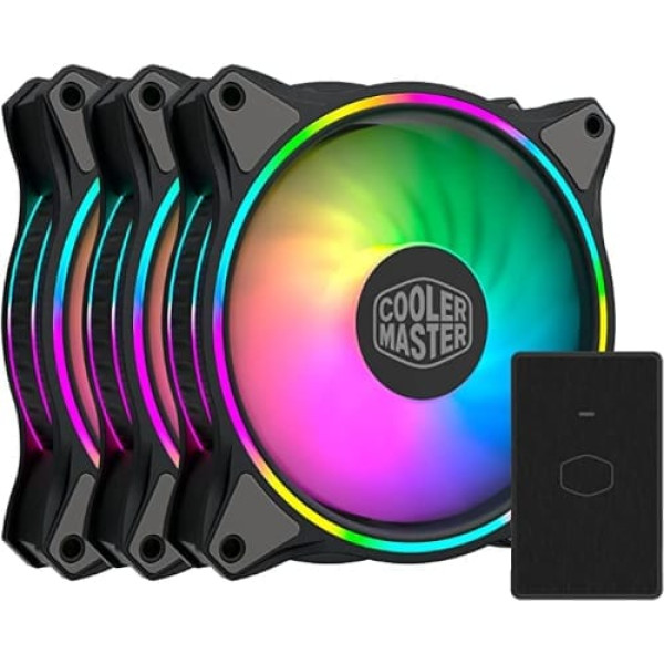 Cooler Master MasterFan 3N1 MF120 Halo ARGB — ar diviem gredzeniem adresējams RGB dizains, korpuss un dzesēšana, hibrīda ventilatora lāpstiņas ar viedo sensoru un vibrācijas slāpēšanas rāmis — 3N1 ar kontrolieri