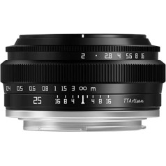 TTTartisan 25 mm F2.0 APS-C manuālās kameras objektīvs Pārnēsājams, rentabls portreta formāta cilvēka ielas klusās dabas objektīvs Fuji X stiprinājumam