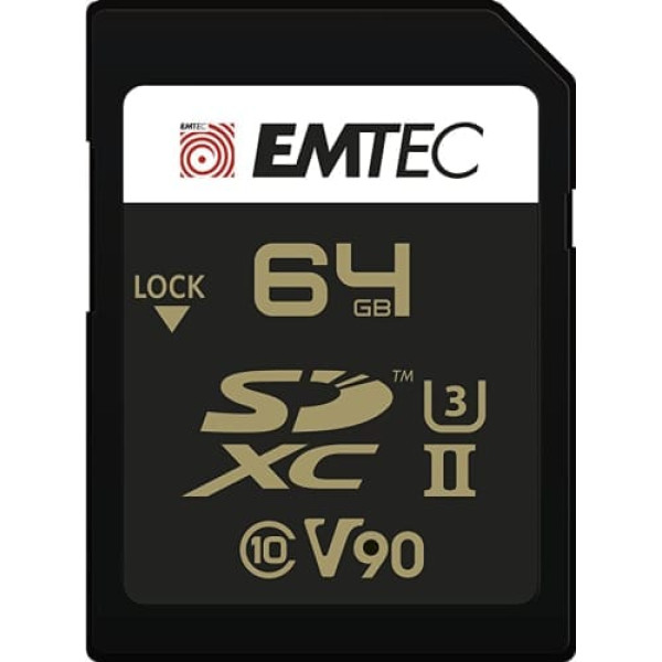 EMTEC — SDXC UHS-II U3 V90 SpeedIN Pro+ ECMSD64GUHS2V90 — Atmiņas karte — Sērijveida fotoattēli, Full HD, 3D, 4K, 8K UHD — Atmiņas ietilpība 64 GB — 2 rindu PIN kods aizmugurē — melns/zelts