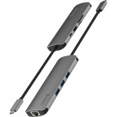 Swissten USB-C Sadalītājs 8in1 ar 3X USB 3.0 / 1X USB-C Power Delivery / 1X microSD / 1X SD / 1x HDMI 4K / 1x LAN RJ45 / Alumīnija korpuss