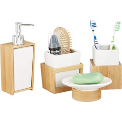 Relaxdays Bathroom Set, 4-Piece Ceramic and Bamboo Bathroom Accessories, Soap Dispenser and Toothbrush Tumbler, Natural White