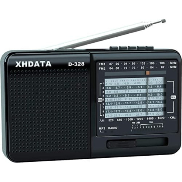 XHDATA D-328 portatīvais radio MP3 atskaņotājs atbalsta TF karti FM AM SW pilnas joslas radio (melns)