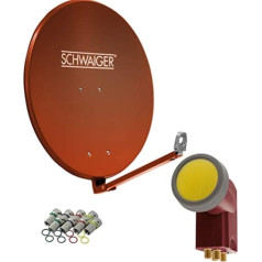 SCHWAIGER -4616 Satellite Dish with Quad LNB (Digital) and 8 F-Connectors 7 mm Aluminium Satellite Antenna Brick Red 88 x 88 cm
