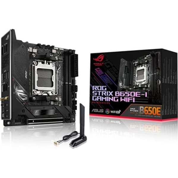 ASUS ROG STRIX B650E-I GAMING WIFI mātesplates ligzda AMD AM5 (Ryzen 7000, Mini-ITX, DDR5 atmiņa, 10+2 barošanas posmi, USB 3.2 Gen 2 Type-C, PCIe 5.0, Q-Release, WiFi 6E, Aura Sura. sinhronizēt)