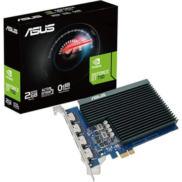 ASUS GeForce GT 730 2GB DDR5 grafikas karte (4x HDMI, viena slota dizains, pasīvā dzesēšana, GPU Tweak II, GT730-4H-SL-2GD5)