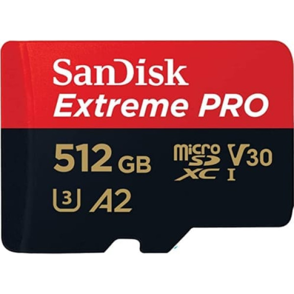 SanDisk 512 GB Extreme PRO microSDXC karte + SD adapteris + RescuePRO Deluxe, līdz 200 MB/s, ar A2 App Performance, UHS-I, 10. klase, U3, V30