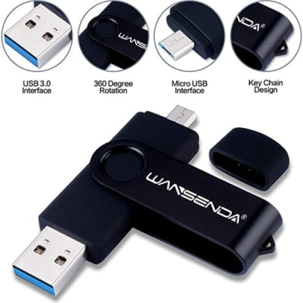 Wansenda USB 3.0 Memory Stick 2 vienā OTG ārējā atmiņa Android ierīcēm / personālajiem datoriem / planšetdatoriem / Mac, melns 128 gb