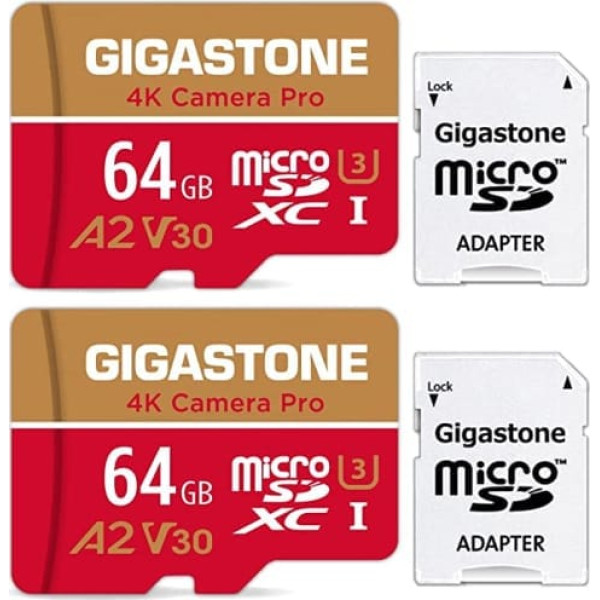 Gigastone 4K Camera Pro Micro SD karte 64 GB 2 pakotne un SD adapteris, savietojams ar GoPro Drone Switch, līdz 95/35 MB/s, 4K UHD video ierakstīšana, MicroSDXC atmiņas karte UHS-I A2 klase 10 U3 V30