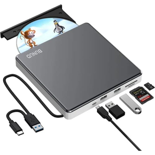 Ārējais CD/DVD diskdzinis USB 3.0 Type-C CD DVD rakstītājs ar SD/TF un USB slotiem, optiskā diskdziņa CD DVD diskdziņi klēpjdatoram Windows 11 10 Mac MacBook Air Pro Apple iMac PC