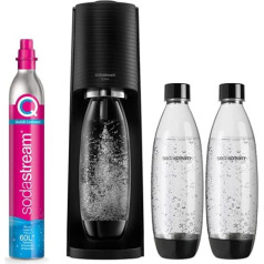 SodaStream TERRA Promopack ūdens karbonators ar CO2 cilindru un 3 x 1 l trauku mazgājamām mašīnām drošām plastmasas pudelēm, augstums 44 cm, melns