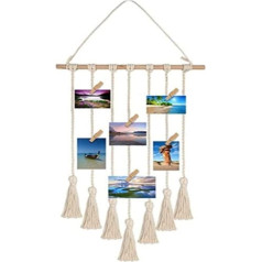 HBYMYDA Hanging Photo Display, Macrame Wall Hanging Pictures Organiser Boho Home Decor with 25 Wooden Clips for Wall Decoration, Beige