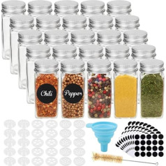 Cdwerd Pack of 25 Spice Jars 4 oz Square Glass Spice Jars with 1 Silicone Funnel 200 Round Blank Stickers 1 Cleaning Brush 30 Strainers