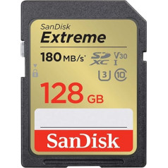 SanDisk Extreme SDXC UHS-I atmiņas karte 128 GB (V30 180 MB/s pārraide, U3, 4K UHD video, SanDisk QuickFlow tehnoloģija, ūdensizturīga, triecienizturīga, temperatūras izturīga)