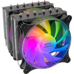 Mars Gaming MCPU-XT melns, CPU dzesētājs, divu torņu dzesēšana, 6 HCT siltuma caurules, TDP 300 W, 2 ARGB PWM 12 cm ventilatori