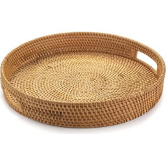 Rattan Round Serving Tray, Woven Serving Tray with Cut Out Handles, Fruit/Bread Serving Basket, 34 cm