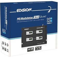 EDISION HDMI modulators 3-in-1 Quad, 4x HDMI uz zemes DVB-T, ISDB-T vai kabeli DVB-C MPEG4, 3 atlasāmi modulācijas izejas signāli, Full HD sadale, izmantojot koaksiālo, Plug and Play