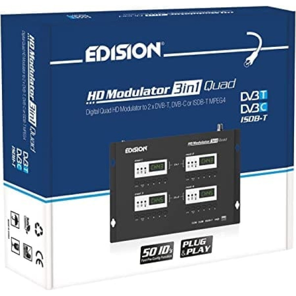 EDISION HDMI modulators 3-in-1 Quad, 4x HDMI uz zemes DVB-T, ISDB-T vai kabeli DVB-C MPEG4, 3 atlasāmi modulācijas izejas signāli, Full HD sadale, izmantojot koaksiālo, Plug and Play