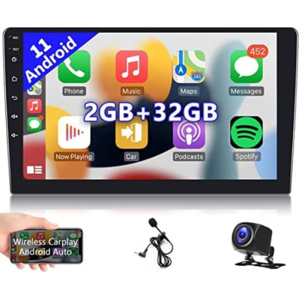 2GB + 32GB auto radio bezvadu Carplay Android Car Android 11 radio ar Navi 9 collu skārienekrānu 2 din Bluetooth HiFi GPS navigācija WiFi FM RDS radio Stereo stūres vadība atpakaļgaitas kameras ISO kabelis