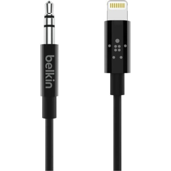 Belkin audio kabelis ar zibens savienotāju 1,8 m/3,5 mm — MFi sertificēts Lightning/AUX kabelis iPhone 13, 13 Pro, 13 Pro Max, 13 Mini, 12, 12 Pro, 12 Pro Max, 12 Mini, melns