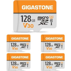 Gigastone 128GB MicroSDXC atmiņas karte 5 paka + SD adapteris darbības kamerai GoPro dronam un planšetdatoram, lasīšanas ātrums līdz 95 MB/s, 4K UHD video ierakstīšana, Micro SD karte UHS-I A1 klase 10 U3