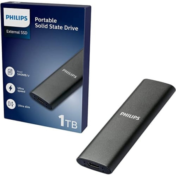 Philips ārējais SSD 1 TB īpaši ātrdarbīgs, pelēks