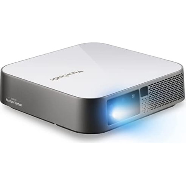 Viewsonic M2E portatīvais LED projektors (Full HD, 1000 lūmeni, Rec. 709, HDMI, USB, USB-C, WiFi savienojums, Bluetooth, SD karšu lasītājs, 2 x 3 vatu skaļruņi) Balts/sudrabs