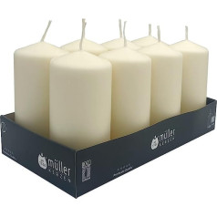 Müller Pillar Candles - Set of 8 - Colour Ivory - 120 x 57 mm - Long Burning Time 32 Hours - Drip-Free Wax Candles - No Fragrance - BSS Fire Protection - RAL Quality